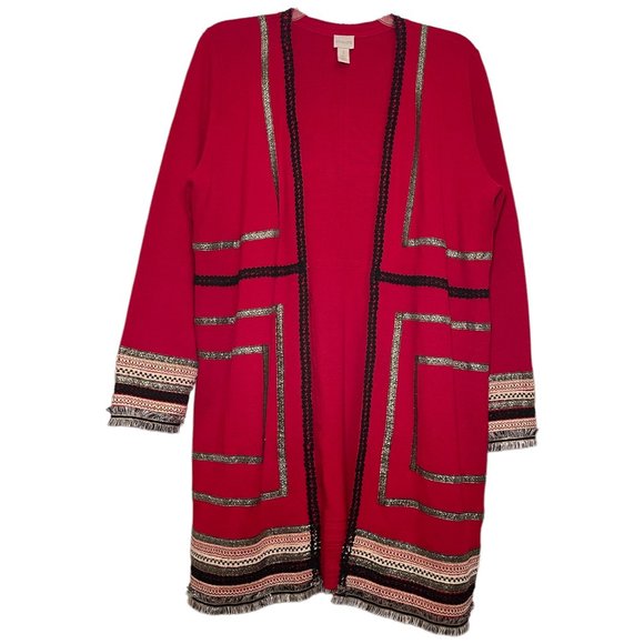 Chico's Sweaters - CHICO'S Red Drama Gold Trim Reba Cardigan Duster Stripe Fringe Plus Size 3 XL 16